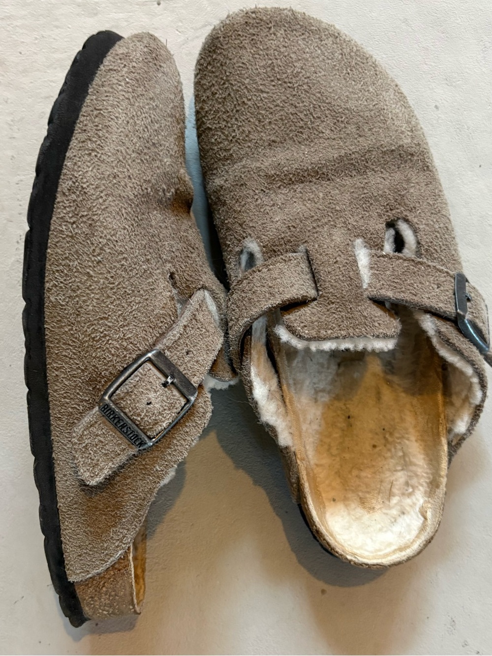Birkenstock Taupe Suede Shearling Clogs
